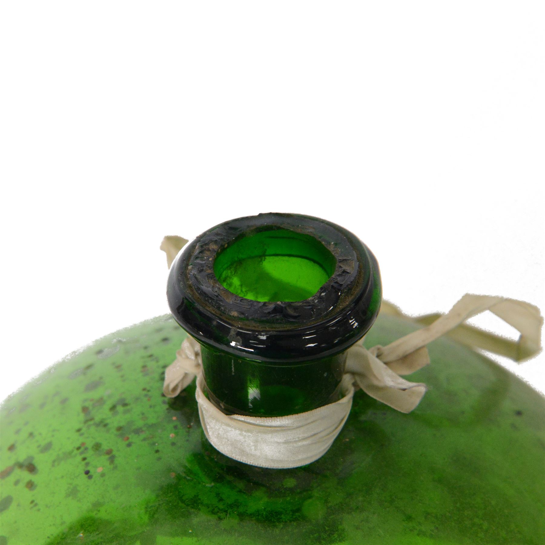 Late 19th century iridescent green glass witches ball with a small bottle neck, D26cm
