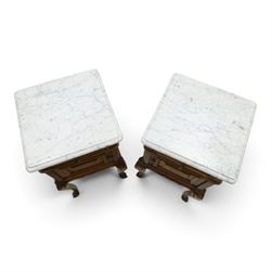 Pair of 20th century French honey oak and marble bedside cabinets, the square marble top with moulded edge, fitted with single drawer over panelled cupboard, shaped and moulded apron over scrolling acanthus leaf applied knees terminating to cabriole legs with scroll feet