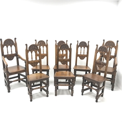  Set eight (6+2) early 20th century oak dining chairs, floral carved cresting rail, solid seat, turned supports joined by stretchers, W54cm  