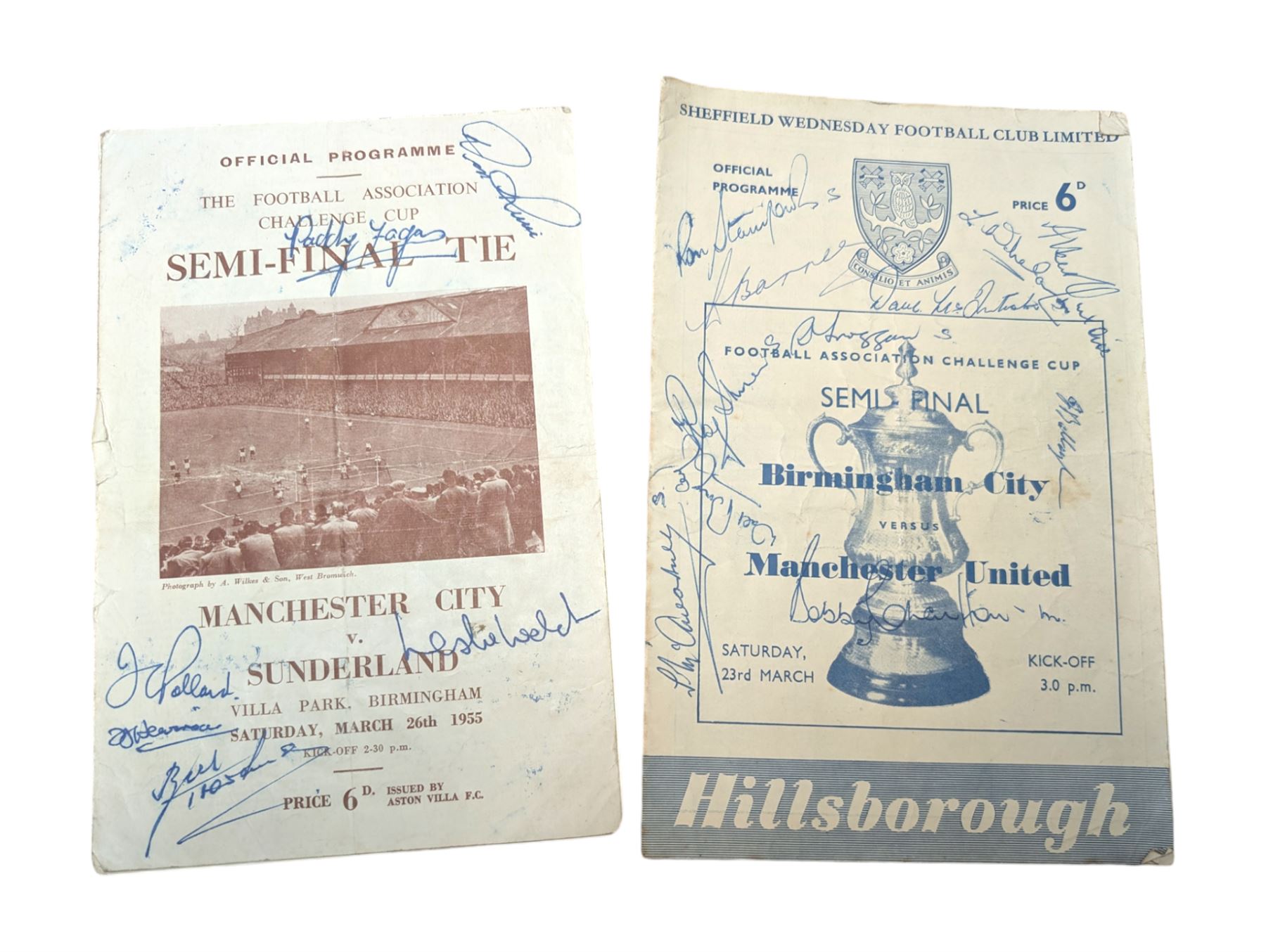 Two signed Football Association Challenge Cup semi final football programmes, comprising 1957 Birmingham vs. Manchester United at Hillsborough and 1955 Manchester City vs. Sunderland at Villa Park, with signatures of various footballers, some facsimile, including Leslie Welch and Don Revie