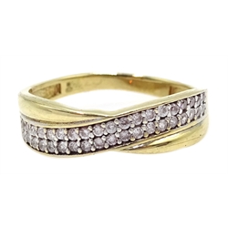  Gold double row diamond crossover ring, stamped 9K  