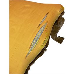 Pair of Victorian walnut side chairs, shaped cresting rail carved with acanthus leaves, overstuffed upholstered seats with stud band, on cabriole supports with scroll carved terminals