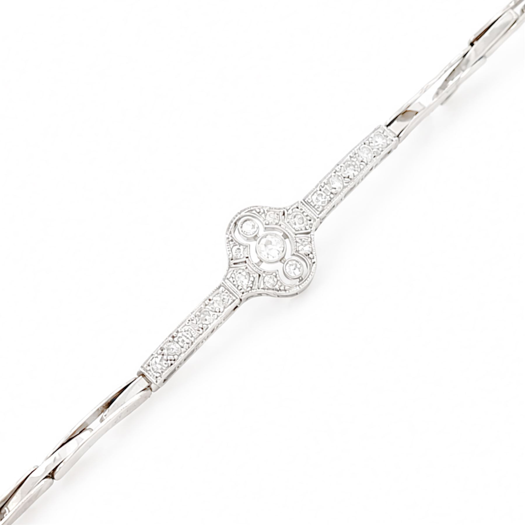 Art Deco white gold and platinum diamond bracelet, the central articulated panel milgrain set with old and single cut diamonds, to a white gold expanding link bracelet, stamped 18ct