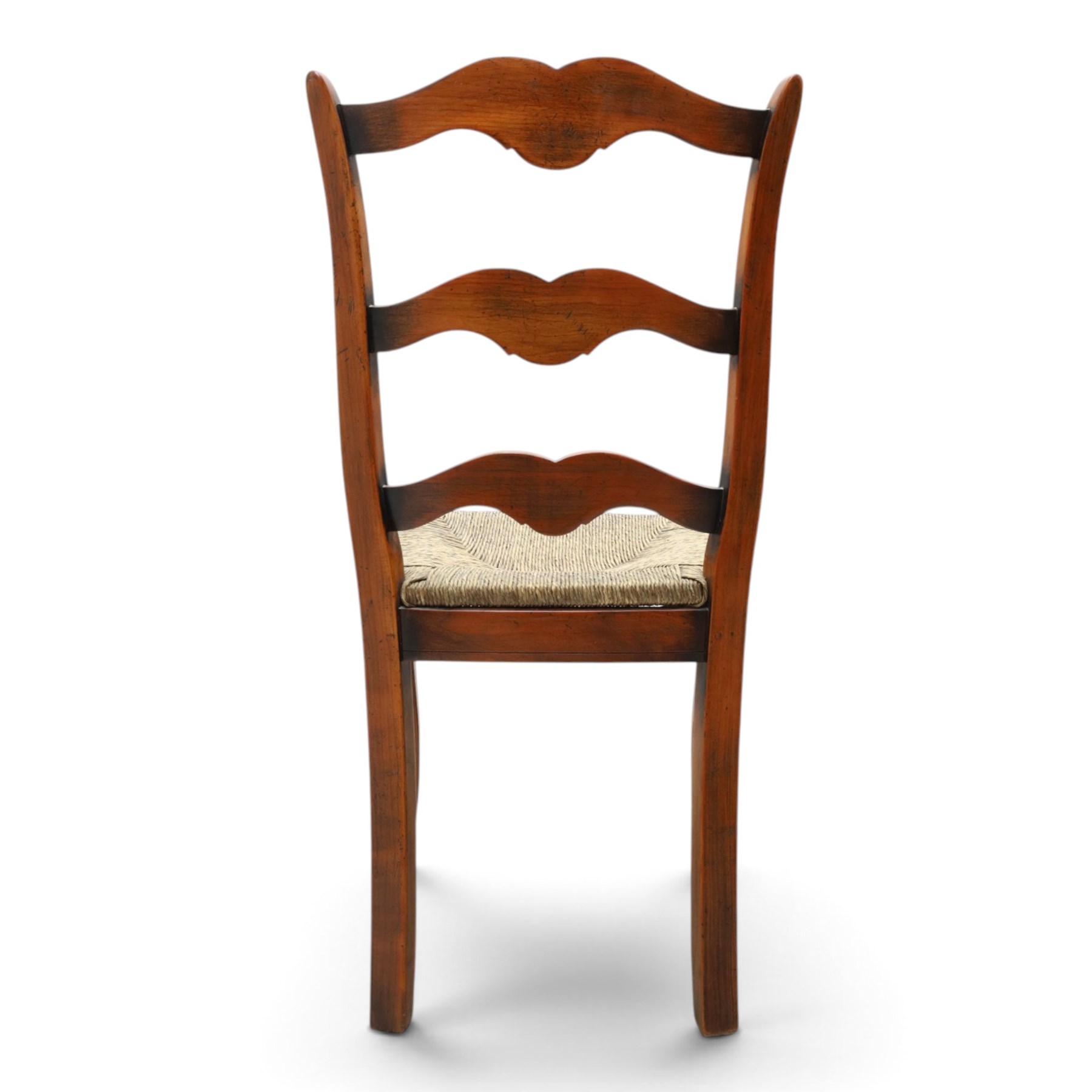 French cherry wood extending dining table, rectangular top on square chamfered supports with two additional leaves; with Batheaston - set of eight cherry wood waived ladder back dining chairs with rush seats (W46cm H98cm)