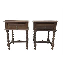 Pair of Portuguese bedside tables, rectangular top over single drawer, raised on turned supports united by stretcher