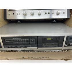 Collection of hi-fi equipment, to include Lenco L-3866 USB turntable, pair of Pioneer speakers, JVC KD-V300, Pioneer SX-590 etc, hi-fi stand with glass in three boxes