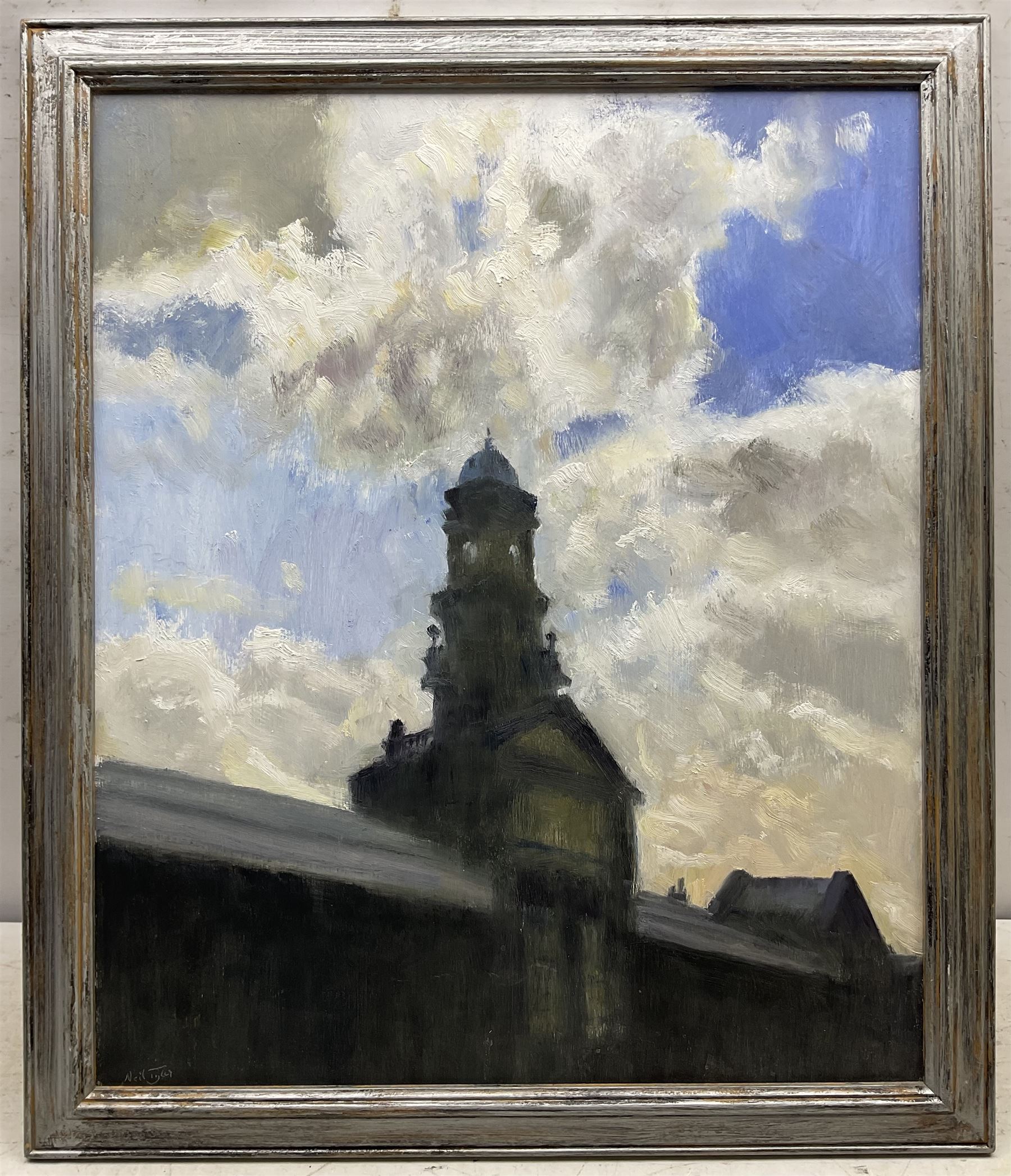 Neil Tyler (British 1945-): 'Station Clock Tower - Scarborough', oil on board signed, titled verso 59cm x 49cm