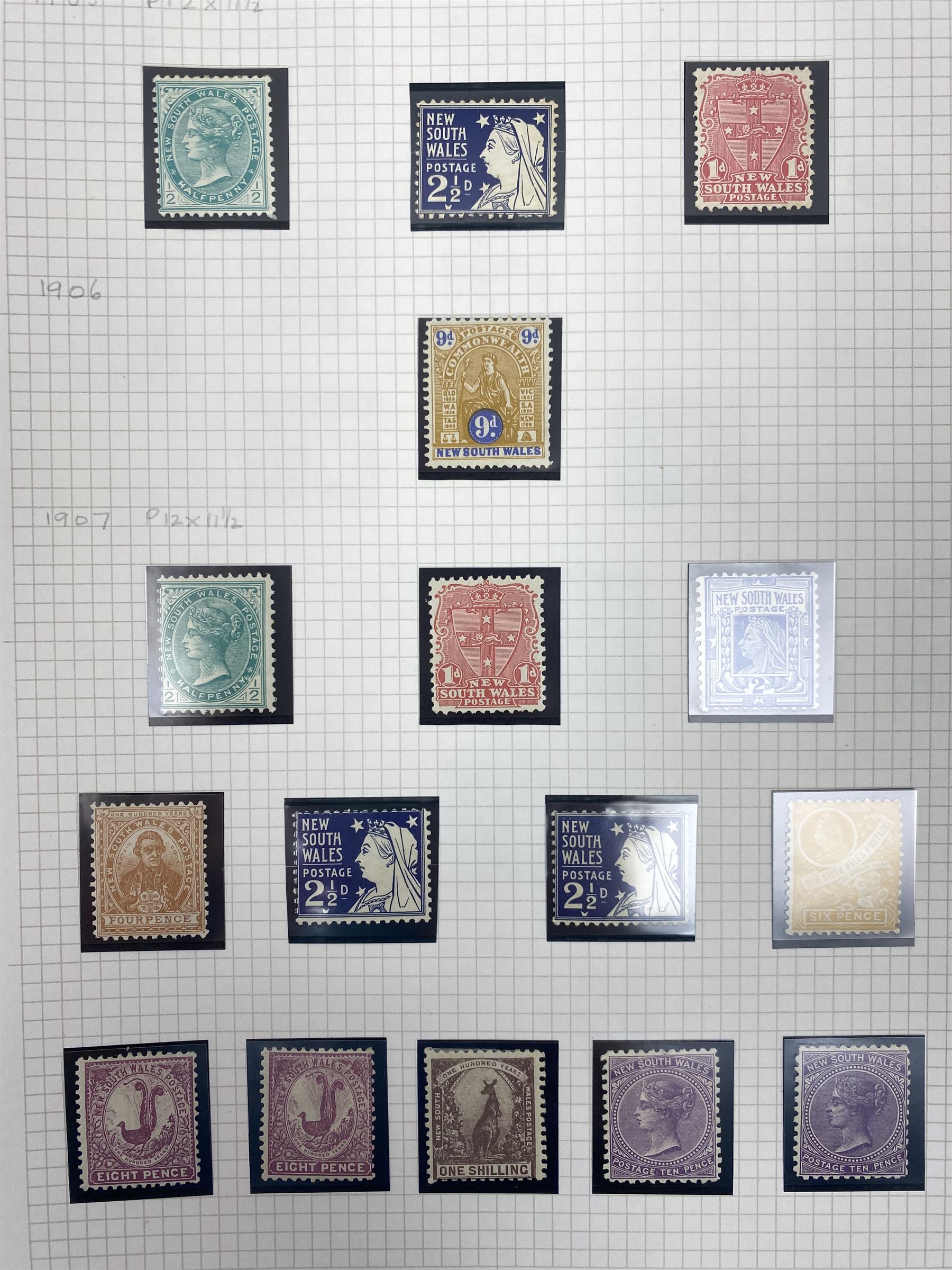 Australia New South Wales stamps, including 1850-4 various imperf issues, 1854-6 including five pence, six pence, one shilling etc, 1856-60 registered letter stamps, 1861-88 five shillings etc, housed on pages