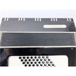 GDR Firotti piano accordion with black and silver case, sixteen keys and forty-eight buttons L38cm; in simulated reptile skin case with sheet music