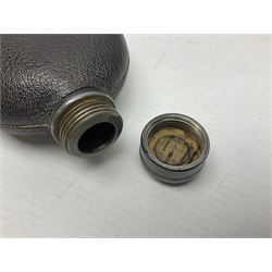 Silver plated glass and pressed leather hip flask, with swivel cap and removable cup, together with a similar oval example, engraved with wreath and initial B, tallest H16.5cm