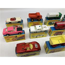 Fourteen Matchbox '1-75' Series die-cast models comprising 27d, 28d, 32c, 50c (Kennel Truck) in 46c box, 51c, 54c, 55d, 57c, 60b, 66c, 68c, 70b, 73c and 74b; all boxed; and three boxes of X-1 Motorway Accessories (17)