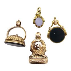 Victorian gilt crystal seal fob, engraved with initials HP, one other jet fob, gilt bloodstone swivel fob and and one other agate and bloodstone (4) 