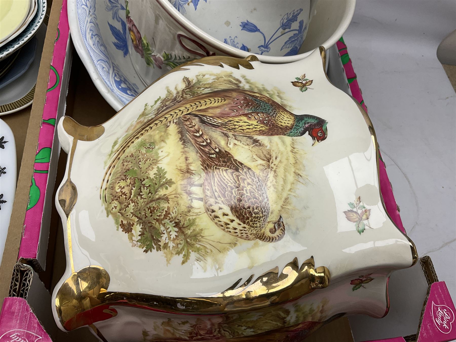 Two Poole Pottery dinner plates and a meat plate, four Copeland Spode Bermuda pattern dinner plates, Sadler jug, Keele St Pottery cottage tea wares, Torquay Motto ware, blue and white jug and bowl, two large planters and other ceramics, etc, in four boxes 