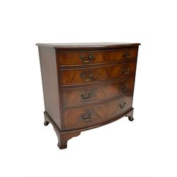 Georgian design inlaid mahogany bow front chest, fitted with four drawers, on bracket feet