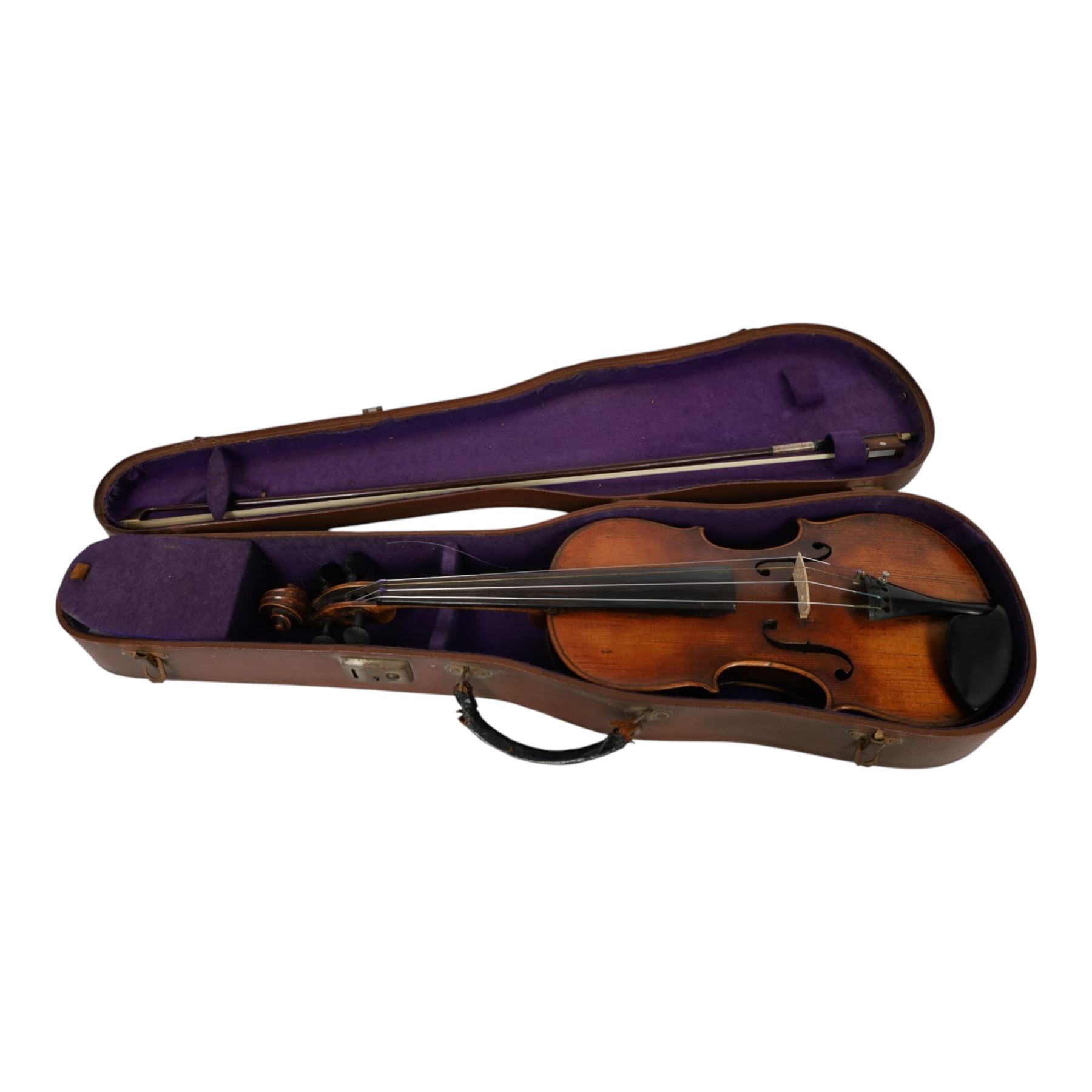 19th century violin, bearing indistinct label to interior, with single piece back, with bow contained within fitted case, violin L60cm