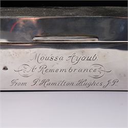 Silver rectangular cigarette box with engine turned cover engraved with initials and presentation inscription W19cm London 1921 Maker Charles & Richard Comyns