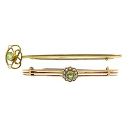 Early 20th century gold Art Nouveau peridot and split seed pearl brooch, makers mark T&S and one other peridot and pearl cluster brooch, both stamped 9ct (2)