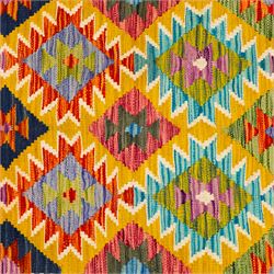 Afghan Chobi kilim flatweave runner with a repeating stepped diamond medallion design in live green, sky blue, rust, teal, purple, and ivory, framed by geometric borders in tones of orange and crimson