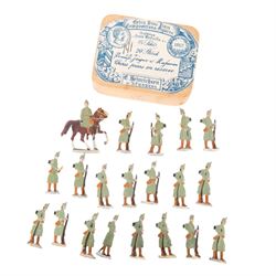 Henrichsen Zinnfiguren flats, circa 1912, flat pewter figures polychrome painted as WWI German Jagaer troops, Telegraph troops, French Zouaves, Jagaers firing and French Artillery