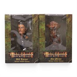 Five bobble-heads, comprising two Cards Inc Pirates of the Caribbean examples Sea Pirate and Will Turner, Two Funko Star Wars examples Wicket W Warrick and Obi-Wan Kenobi and a Cards Inc Characters Hulk example, all boxed