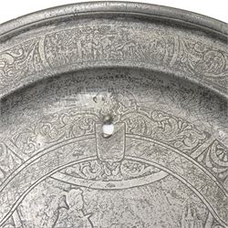 17th/18th century pewter dish, probably continental, engraved with hunting scenes, stags head etc D46cm