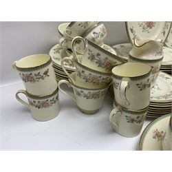 Minton Jasmine pattern tea and dinner wares, including dinner plates, sauce boats, side plates, bowls, teacups, coffee cans and twin handled soup bowls, etc (122)