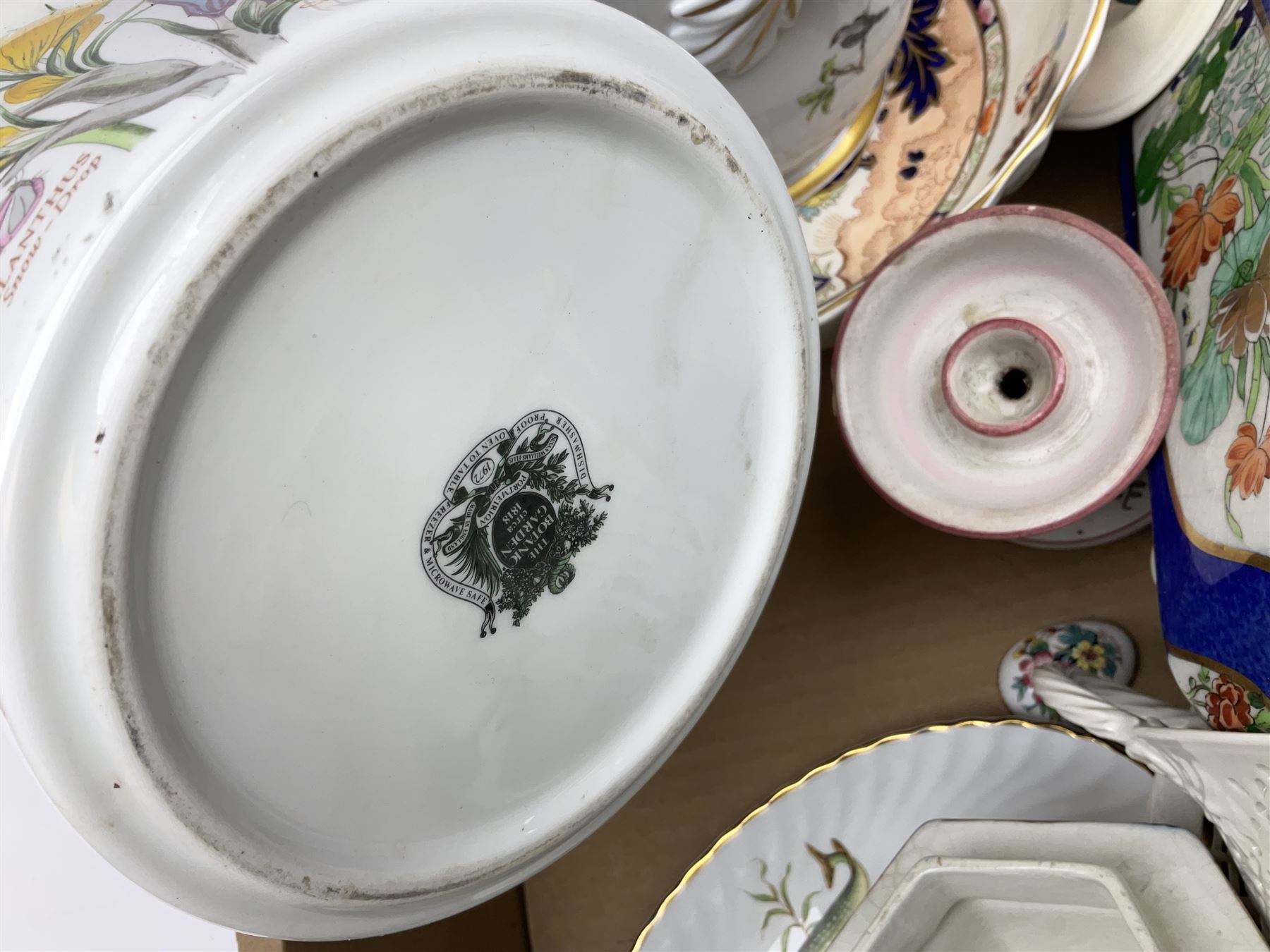 Twin handled cache pot in the style of Herend Hungary, stamped VA Portugal, decorated with birds upon branches, Mason's Ironstone large footed bowl in the Mandarin pattern, Spode Gainsborough bowl, Royal Doulton Bird of Paradise plate c1938 D4602, lustre plates, Aynsley, oriental style lidded vase, Portmeirion, lattice creamware, J & G Meakin Sol, Wedgwood, studio pottery, Spode York Minister boxed plate etc