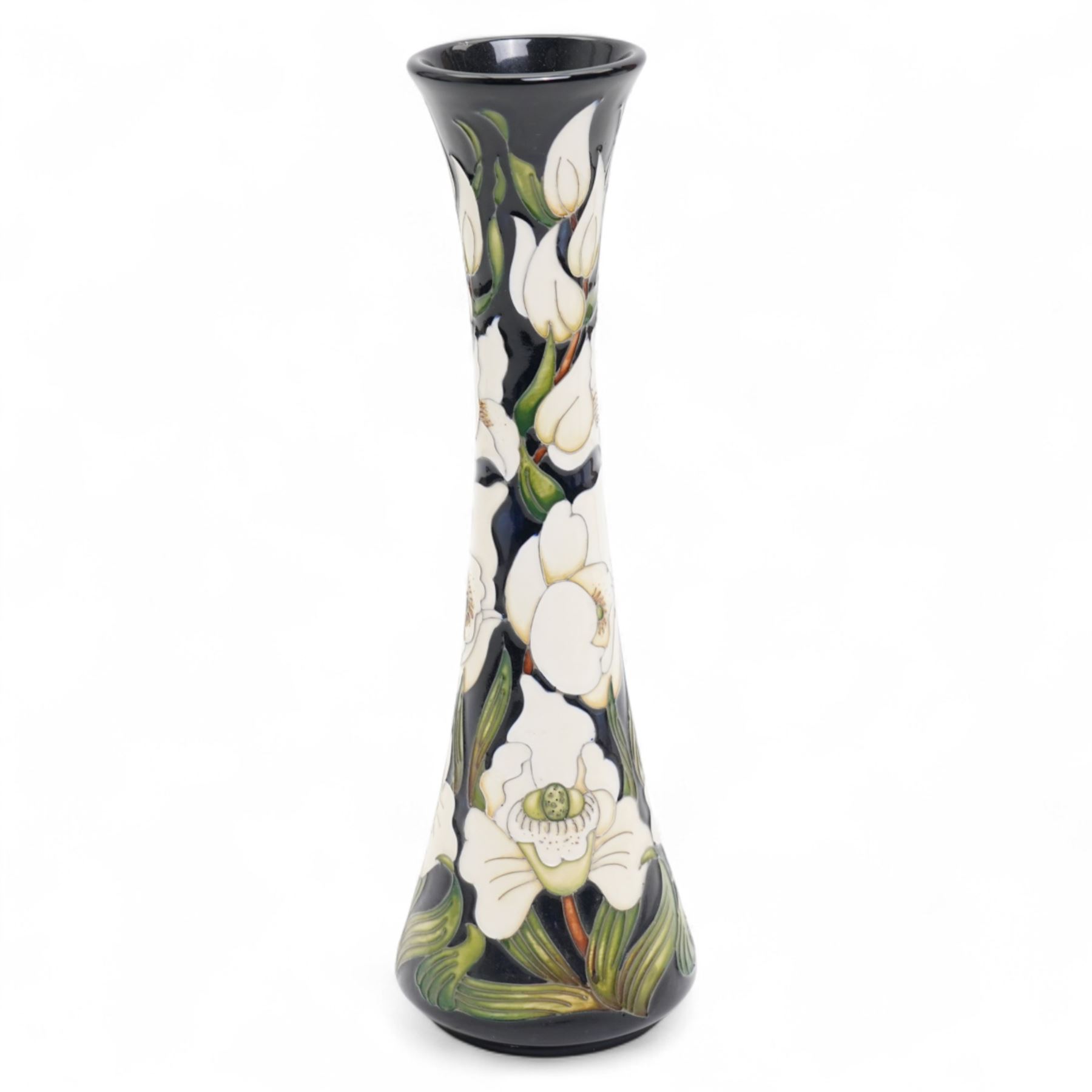 Moorcroft Buckingham Orchid pattern vase, of elongated waisted form, signed by Rachel Bishop, painted marks to base, H31cm 