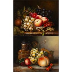 T Stanley (British late 19th/early 20th century): Still Lifes of Peaches Grapes and Foliag...