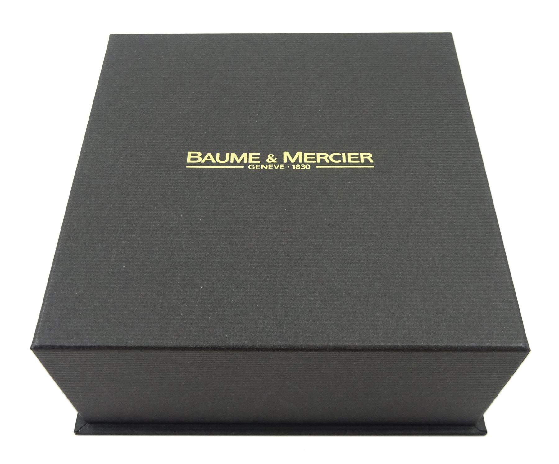 Baume Mercier Hampton gentleman's stainless steel chronograph quartz wristwatch, black dial with date aperture, on black leather strap and original fold-over clasp, boxed with papers