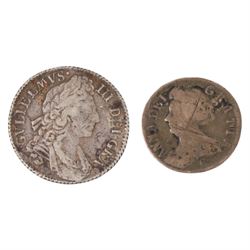 William III 1698 silver shilling and Anne 1707 silver sixpence coins (2)