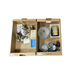 Swarovski crystal figures, together with glass display case, Danbury mint figures etc, in two boxes 