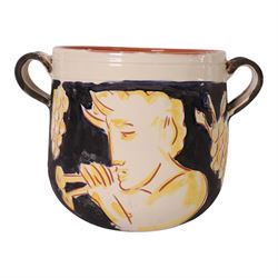 Vallauris French pottery by Patrick Bocca Rossa, twin handled jardinière decorated with fi...