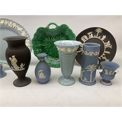 Collection of Wedgwood, to include queensware pattern fluted vase and plate, green majolica leaf dish, Jasperware in blue, green and black, to include covered trinket boxes, vases, plates etc   