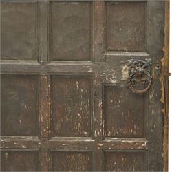 Mouseman - 1940s panelled and adzed oak front door with frame, iron rope twist handles, with carved mouse signature, by Robert Thompson of Kilburn 