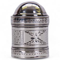 George III silver nutmeg grater, of cylindrical form with pull off cap and base, engraved with a foliate band, hallmarked Samuel Pemberton, Birmingham 1790, H3cm