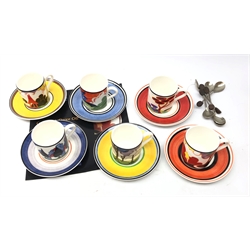  Set of six Wedgwood Clarice Cliff Cafe Chic series coffee cups and saucers comprising May Avenue, Summerhouse, Blue Firs, Windmill, Autumn and Red Tree, with coffee bean spoons and certificates  