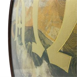 Circular needlework panel depicting Alpha and Omega symbols upon a sunset landscape scene with raised gilt stitching in wooden frame, signed ‘E. Burn’ in thread