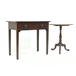  19th century mahogany inlaid cross banded side table, single drawer, square tapering supports (W82cm, H72cm, D45cm) and a mahogany pedestal table (W58cm, H67cm, D43cm) (2)  