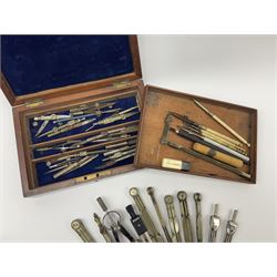 Drawing instruments - approximately thirty, various makes and ages, including compasses, dividers, pens etc, some with turned bone handles; and Victorian mahogany empty instrument case with lift out tray
