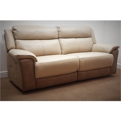  Three seat reclining sofa, upholstered in beige leather and light brown suede (W215cm) and a matching two seat sofa (W160cm) (This item is PAT tested - 5 day warranty from date of sale)  