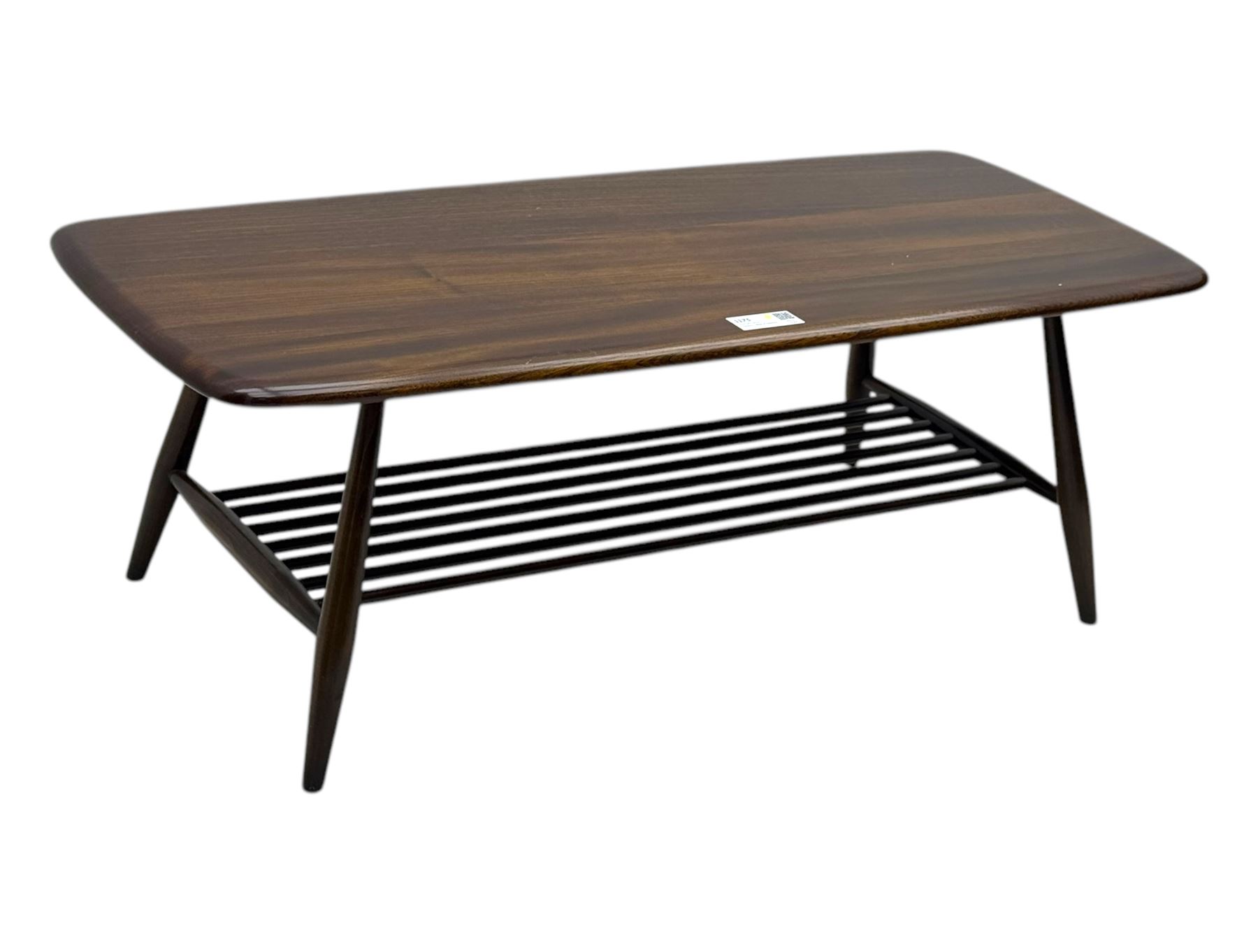 Lucian Ercolani for Ercol - mid-20th century elm 'Windsor' coffee table, rectangular top with rounded corners and chamfered edge, over an integral slatted undertier, on splayed tapering supports