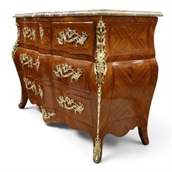 Colombo Mobili - Italian Louis XV design kingwood and marquetry bombé commode chest, the shaped marble top with moulded edge, fitted with an assortment of three shaped short drawers over two long, each with parquetry veneered facias and rocaille shaped gilt metal handles and escutcheons, flanked by gilt metal cartouche mounts with scroll and foliate detail, shaped apron on splayed bracket feet