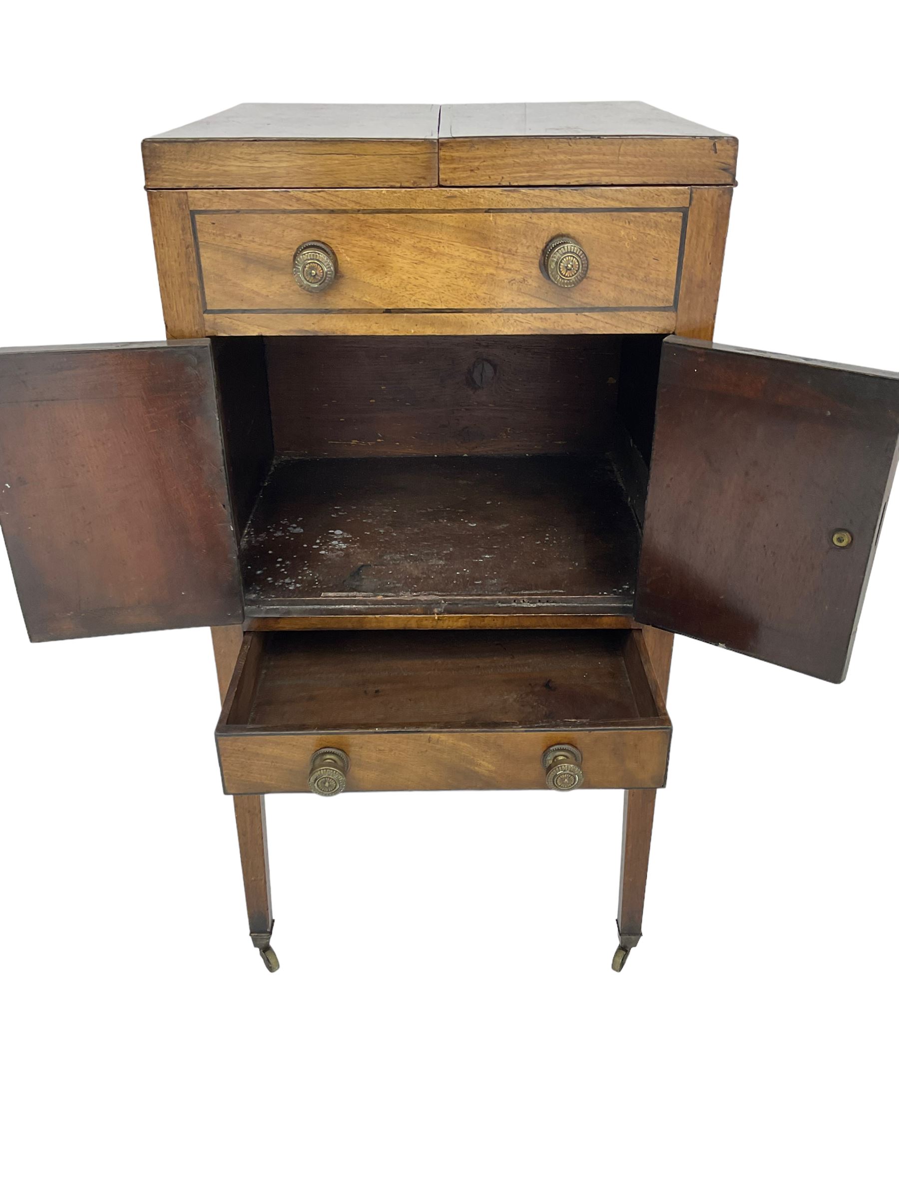 Georgian mahogany washstand cabinet, the double hinged lid opens to reveal wash basin and lift up tilting mirror, false drawer over double cupboard and drawer, on square supports with brass cups and castors