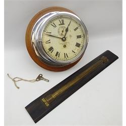  James Morton, Sunderland chrome cased ships clock D25cm and ebony & brass rolling rule (2)  