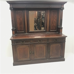 Late Victorian mahogany mirror back sideboard, projecting cornice, egg and dart detailing, moulded top above reeded columns flanking three drawers and three cupboards, plinth base, W201cm, H212