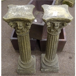  Pair stone effect Corinthian style pedestal stands, acanthus leaf capitals on fluted columns, stepped bases, H92cm  