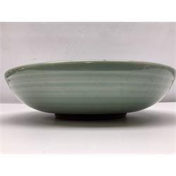 Agnete Hoy (1914-2000): Bullers studio pottery celadon glazed bowl, the interior with incised decoration depicting a Mermaid, D28.5cm