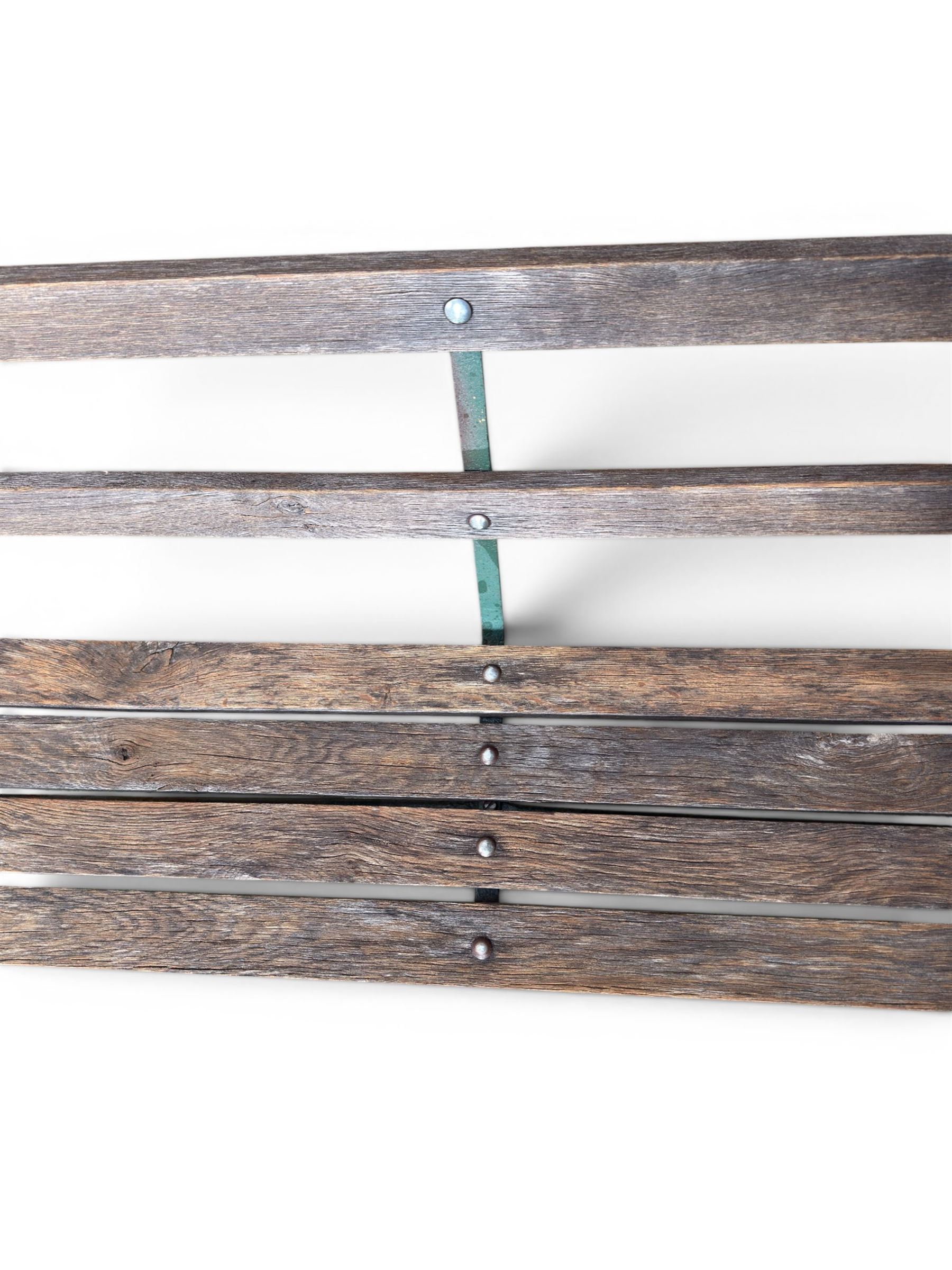 Coalbrookdale - Lily Pad design cast iron an wood slatted garden bench, late 19th century Aesthetic Movement, no. 217569, painted in green with iron centre support and seat stretcher, hardwood slatted