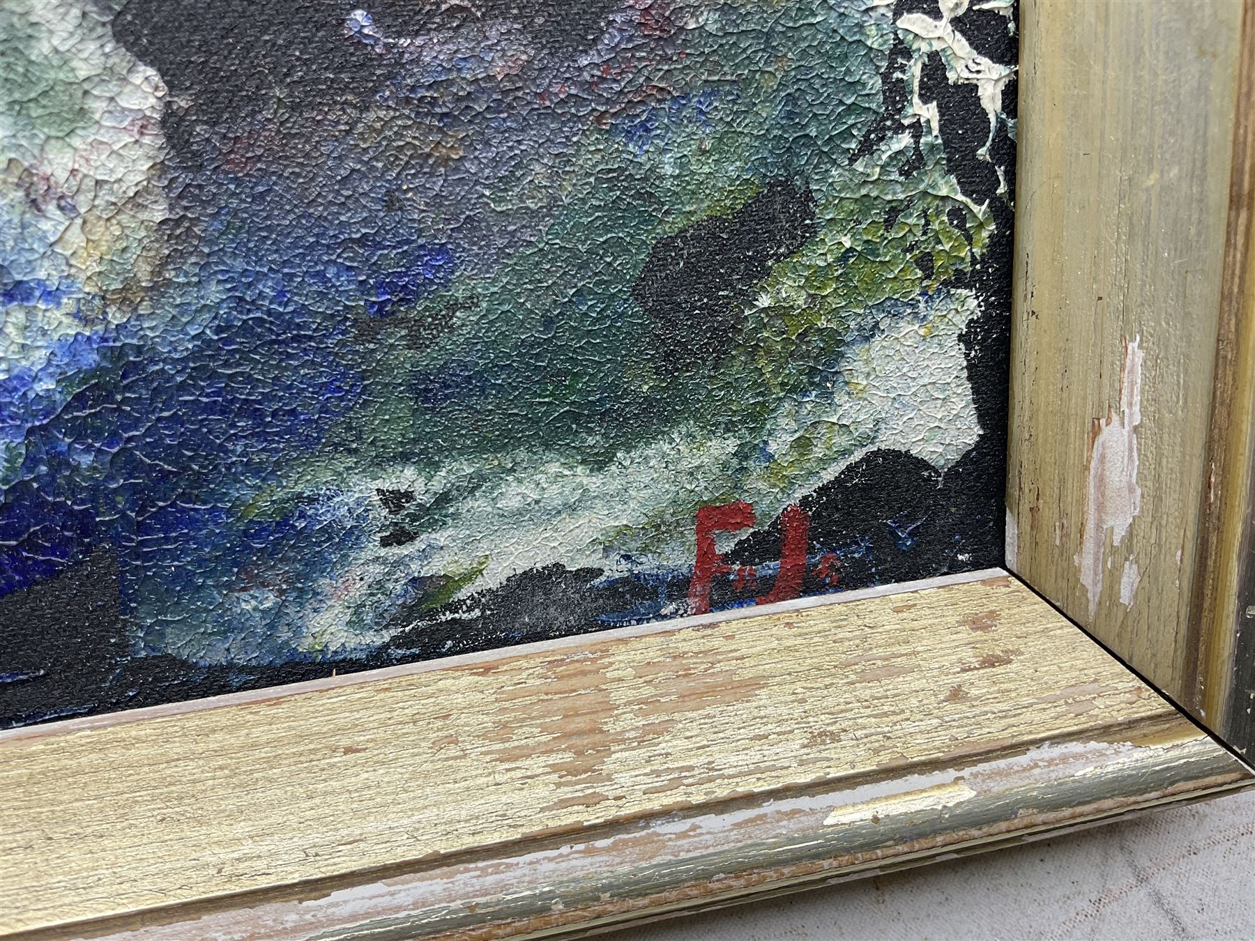Finn Johansen (Danish 1942-2006): 'Nonfigurative Composition', oil on board signed with initials, information attached verso 30cm x 39cm